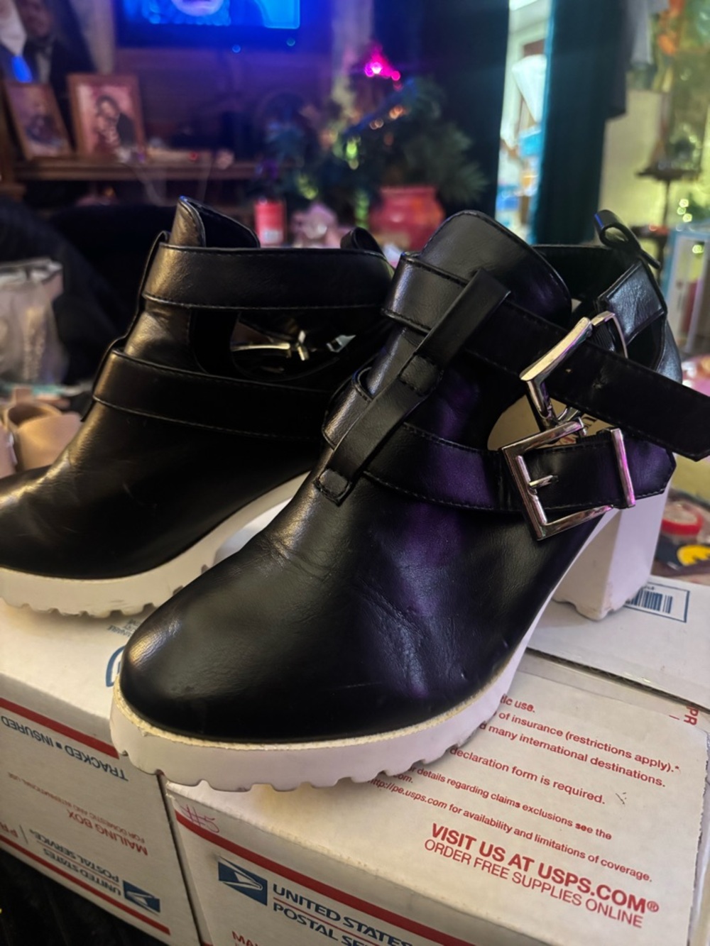 JustFab Black Cutout Buckle Heeled Ankle Boots with White Sole